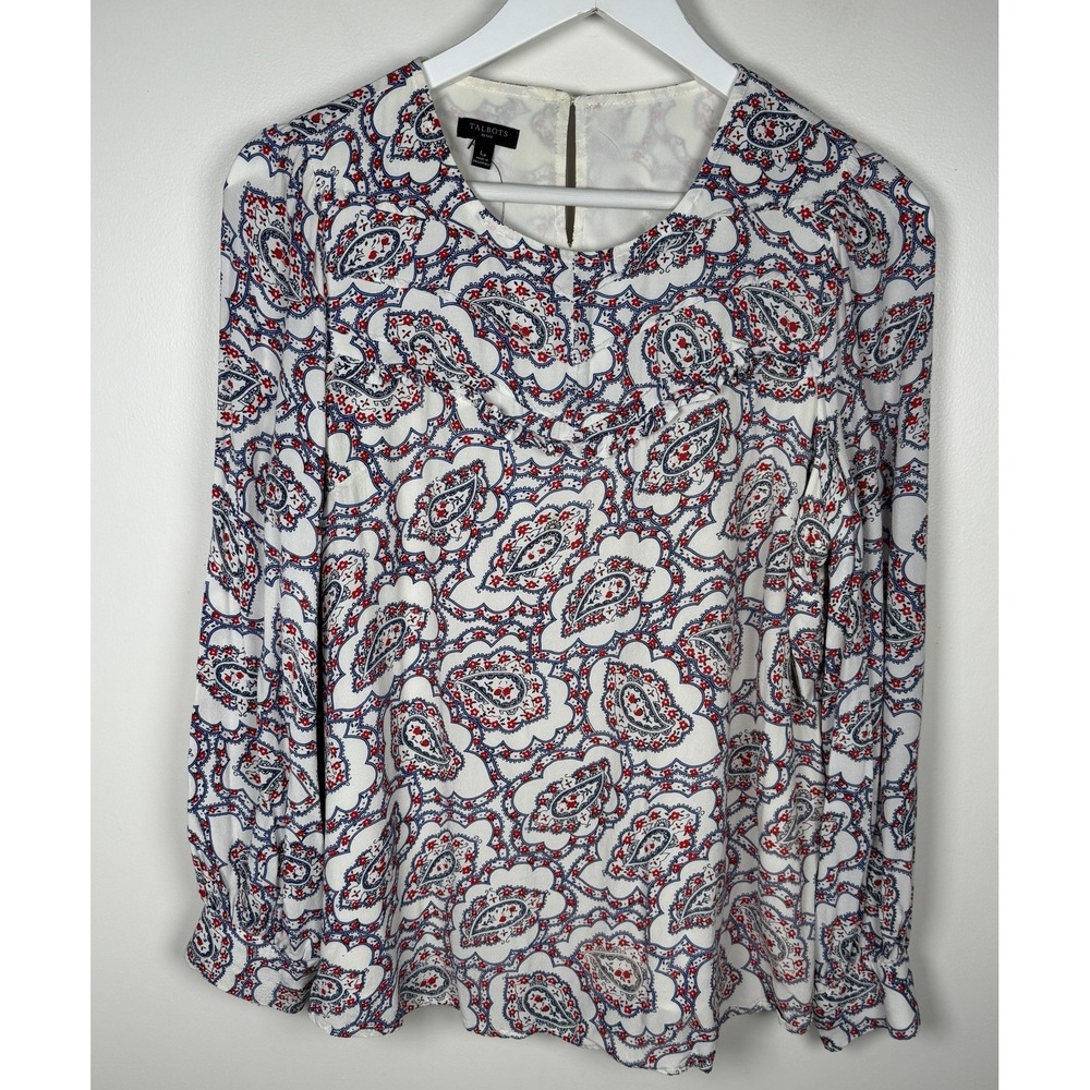 TALBOTS Petite Large Pintuck Yoke Paisley Ruffle Accent Keyhole Neck Blouse NWOT